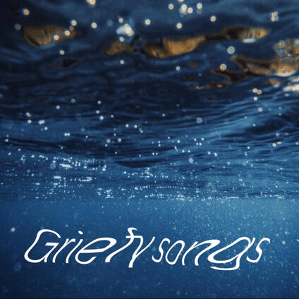 Photo of a dark sea surface, upside down with a text reading "griefy songs"